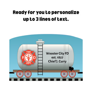 3/4" Wooden replica with a Fire department tank car with Wooster City FD logo and text on a white background