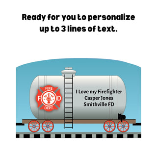3/4" Wooden replica with a Firefighter-themed tank car with text customization option on a white background