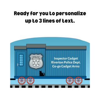 3/4" Wooden replica with a Blue train car with a police badge and text on a white background