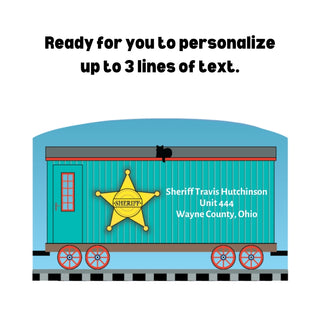 3/4" Wooden replica with a Illustration of a train car with a sheriff's star emblem and text on a white background.