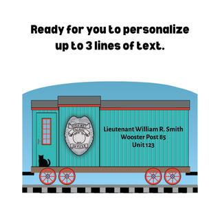 3/4" Wooden replica with a Train car with a police badge and text space on a white background