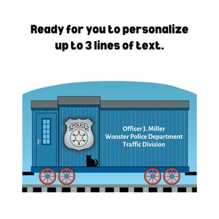 3/4" Wooden replica with a Blue train car with police badge and text, ready for personalization.
