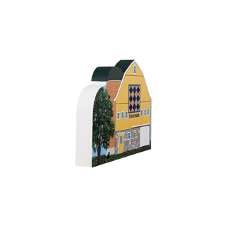 3/4" thick wooden illustration of a colorful barn with quilt design and 'Crossroads' text on a white background