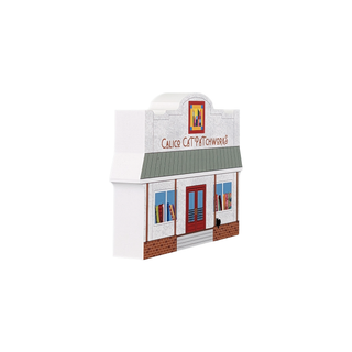 3/4" thick wooden illustration of a storefront with 'Calico Cat Patchworks' sign and quilt displays