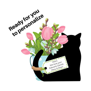 3/4" thick wooden cutout of a black cat with tulips and flowers with a tag that is personalized with names