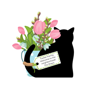 Black cat silhouette holding a bouquet of pink flowers with a tag.