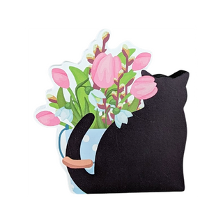 Black cat-shaped 3/4" thick wooden cutout  with a bouquet of flowers on a white background