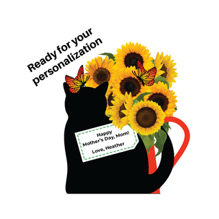 3/4" thick wooden cutout Black cat silhouette with sunflowers and butterflies, personalized message on a white background