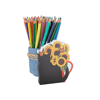 Cat-shaped 3/4" thick wooden cutout with pencil holder with sunflower design holding colored pencils on a white background
