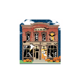 3/4" thick wooden Halloween-themed yoga studio with skeletons and pumpkins on a blue background
