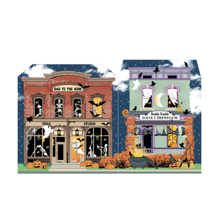 3/4" thick wooden Halloween-themed storefronts with decorations and text on a blue sky background