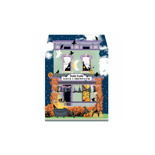 3/4" thick wooden Halloween-themed illustration of a lodge and brewhouse with pumpkins, ghosts, and witches' hats.
