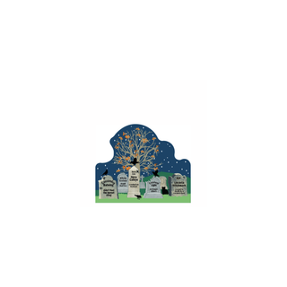 Halloween-themed d3/4" thick wooden cutout with tombstones and a tree on a blue background