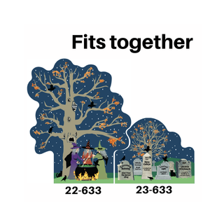 Halloween-themed 3/4" thick wooden cutouts of a tree and gravestones with text 'Fits together' at the top.