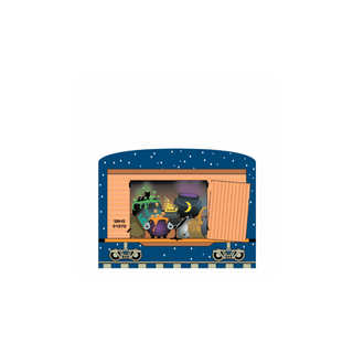 3/4" thick wooden cutout with characters around a cauldron on a blue background