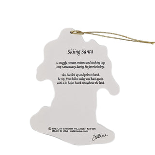 Decorative ornament shaped like a skier with text on a white background