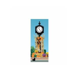 3/4" thick wooden Sleepy Hollow Halloween-themed clock with pumpkins and a black cat on a blue background