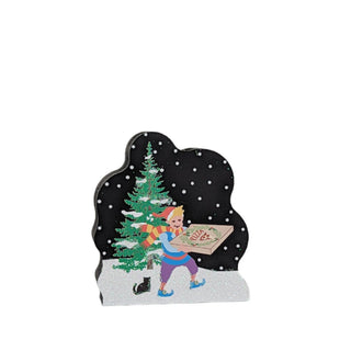 3/4" thick wooden replica with an illustration of a elf delivering pizza in a winter scene