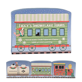 3/4" thick wooden replica with an illustration of a  train car with 'Figgy's Snowflake Tours' on a snowy background