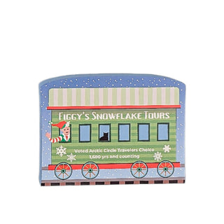 3/4" thick wooden replica with an illustration of a Toy train car with 'Figgy's Snowflake Tours' branding on a white background