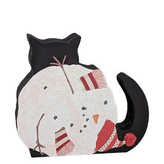 3/4" thick wooden replica with an illustration of a black cat with a snowman all balled up