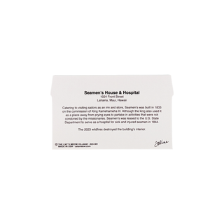 back of product with text about Seamen's House & Hospital on a white background
