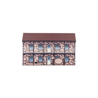 3/4" wooden replica with an illustration of a building with a brown roof and stone facade on a white background