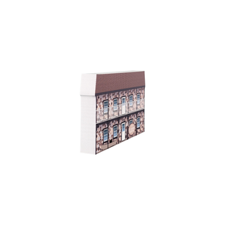 3/4" wooden replica with an illustration of a two story building with a brown roof