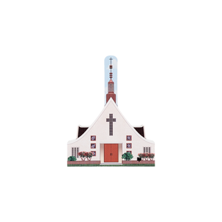 3/4" wooden replica with an illustration of a church with a steeple and cross on a white background