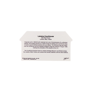 back of product with text about Lahaina Courthouse on a white background