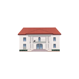 3/4" wooden replica with an illustration of a two-story house with a red roof on a white background