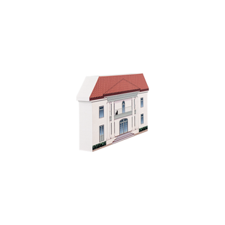 3/4" wooden replica with an illustration of a building with a red roof on a white background