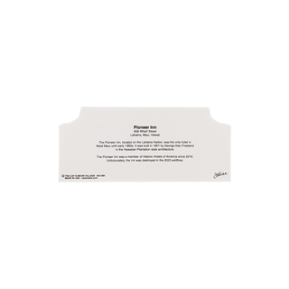 back of produt with black text about the Pioneer Inn on a white background