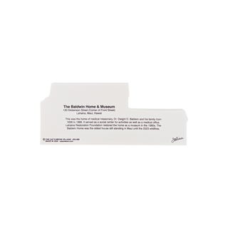back of product with black text about The Baldwin Home & Museum on a white background
