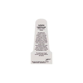 back of product with description about Lahaina Lighthouse on a white background