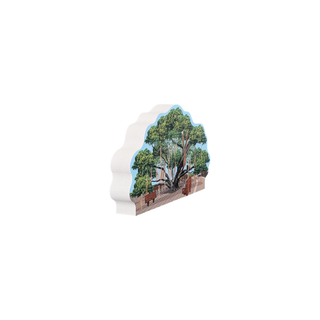 3/4" wooden replica with an illustration of a large tree and benches 
