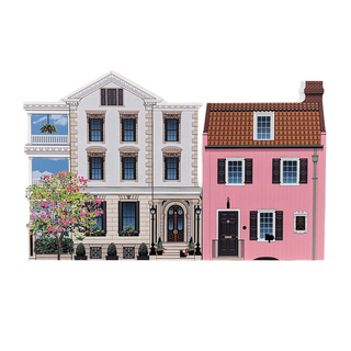 3/4" thick wooden Illustration of a row of colorful houses with different roof colors.