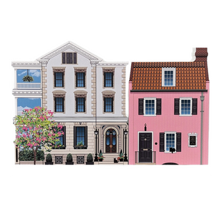 3/4" thick wooden Illustration of a row of colorful houses with different roof colors.