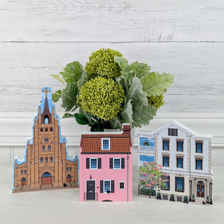 3/4" thick wooden Set of miniature houses with a small tree in the background