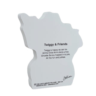 back of product with black text about twiggy & friends on a white background 