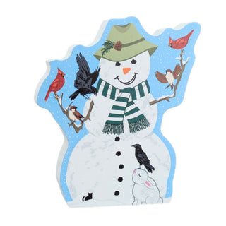 3/4" thick wooden replica with an Illustration of  a white snowman with a green striped scarf, green hat, black buttons, birds perched on branches, and a small white bunny on a light blue snowy background.
