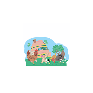 3/4" thick wooden replica with an illustration of a Cartoon illustration of chickens and a house on a white background