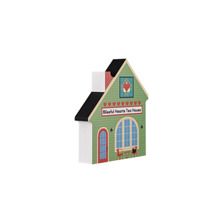 3/4" thick wooden illustration of a tea house with a heart design and 'Blissful Hearts Tea House' sign.
