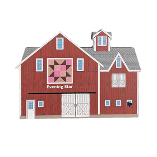 3/4" thick wooden illustration of a red barn with quilt design on a white background