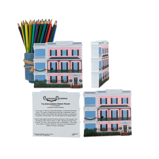 3/4" thick wooden models of a pink house and a back model with text on white background