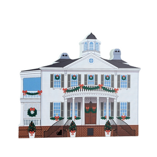 3/4" thick wooden Illustration of a two-story building with decorative elements.