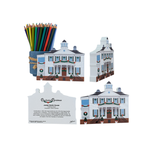 3/4" thick wooden Set of miniature buildings and a white model with black text