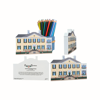 3/4" thick wooden illustration of a yellow house and a back model with text on a white background