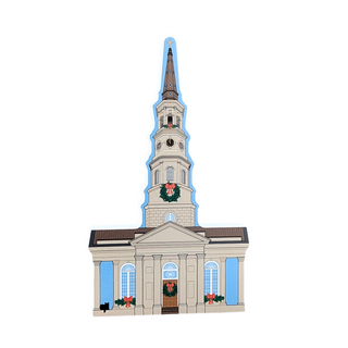 3/4" thick wooden Illustration of a church at Christmas time with a steeple on a white background