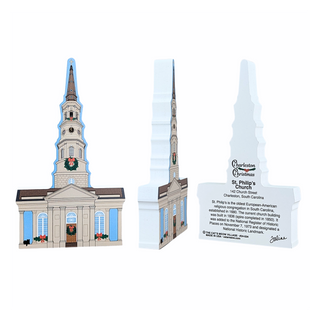 3/4" thick wooden Model of a church with steeple and a back model with text on a white background